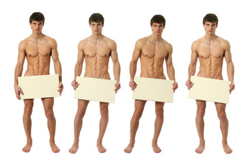 three nude muscular men covering with copy space blank signs