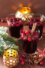 Canvas Print - glass of mulled wine with cranberry and spices, winter drink