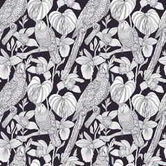 Poster - Parrots and tropical flowers. Vector seamless pattern