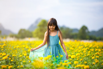 Wall Mural - Little asian girl in flower fields