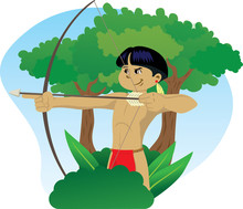 Indian Child Wielding A Bow And Arrow In The Forest Of Brazil.