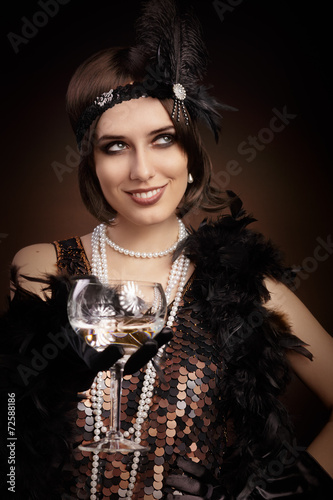 Retro 20s style woman holding champagne glass Poster