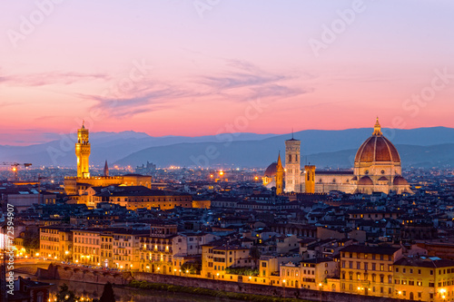 Fotografie, Obraz Panoramatický výhled na Florencii na západ slunce, Itálie