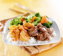 Beef And Shrimp Teriyaki Combination On White Rice