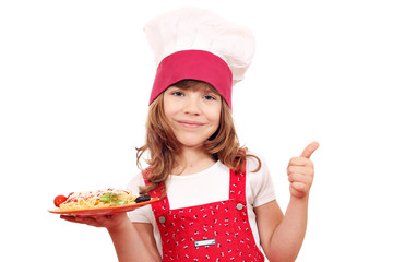 Wall Mural - little girl cook with spaghetti and thumb up