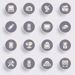 Sticker - Electronics icons with white buttons on gray background.