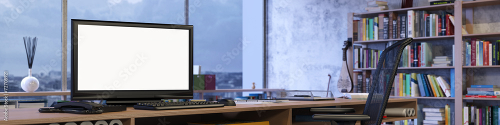 Panorama vom Büro mit leerem Monitor - obrazy, fototapety, plakaty 