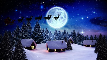 snow falling on cute village in forest