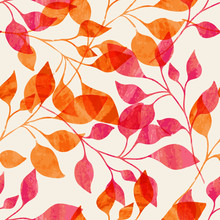 Watercolor Seamless Pattern With Pink And Orange Autumn Leaves.
