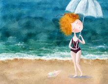 Cute Red-head Girl With Umbrella And Little Pig On The Beach.