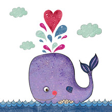 Cartoon  Illustration With Whale And Red Heart.