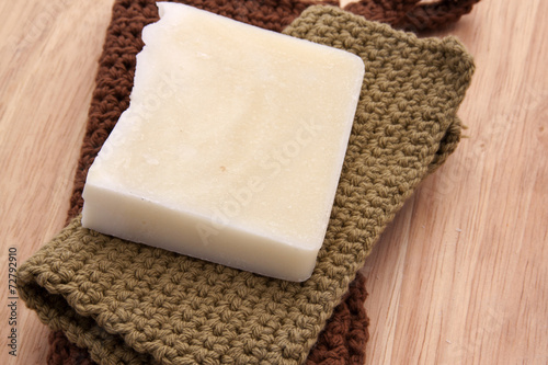 Fotografie, Obraz White Handmade Soap with Handmade Cotton Washcloths