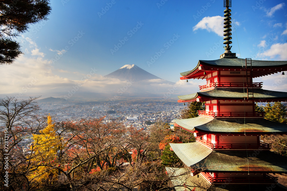 Mt. Fuji with fall colors in Japan. - obrazy, fototapety, plakaty 