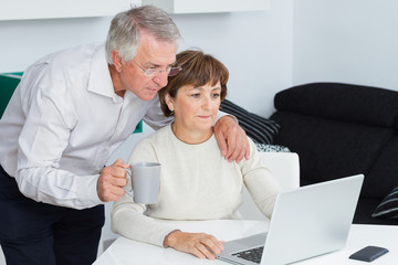 Seniors couple using a laptop computer with a loving