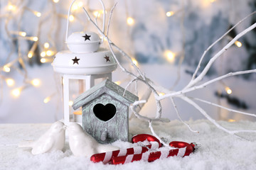 Wall Mural - Beautiful Christmas composition with small bird house