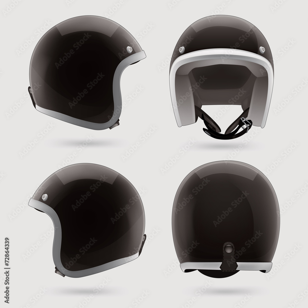 back of a motorcycle helmet Black motorbike classic helmet. Front, back and side view. Stock Vector