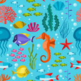 Fototapeta Dinusie - Marine life seamless pattern with sea animals.