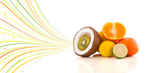 Wall Mural - Healthy tropical fruits with colorful abstract lines