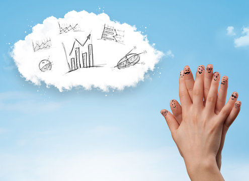 Happy smiley fingers looking at cloud with hand drawn charts