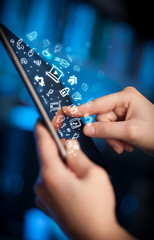 Poster - Finger pointing on tablet pc, social media concept
