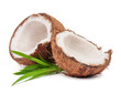 Two coconut one of which is split with palm leaves isolated