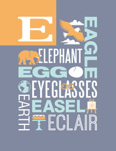 Letter E Words Typography Illustration Alphabet Poster Design