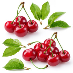 Poster - Cherry. Berries with leaves isolated on white