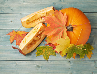 orange pumpkin and maple leaves composition