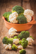 Delicious Broccoli And Cauliflower Has A Wooden Rustic Table