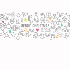 Fototapete - Merry Christmas pattern outline icons set card background