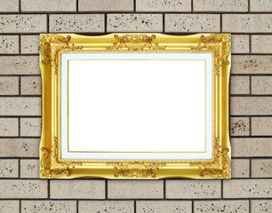 Canvas Print - golden frame on brick stone wall background