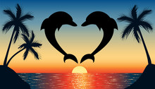 Jumping Up Dolphin Shaped Heart With Sunset