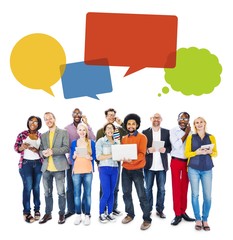 Fototapete - People with Digital Devices and Speech Bubbles