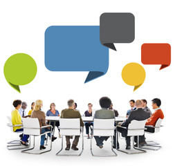 Canvas Print - Group of People in Meeting with Speech Bubbles