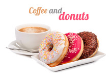 Three Donut And Cup Of Coffee Isolated