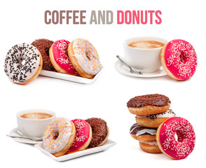 Wall Mural - set of four compositions of coffee and donuts isolated