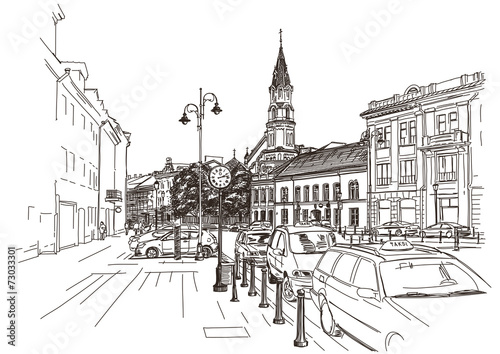 Naklejka - mata magnetyczna na lodówkę Vector drawing of central street of old european town, Vilnius