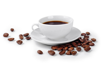 Cup of coffee on white background with coffee beans