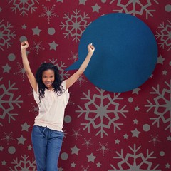 Poster - Happy woman stands with her hands in the air