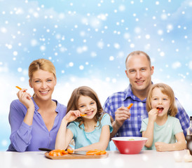 Poster - happy family with two kids making dinner at home