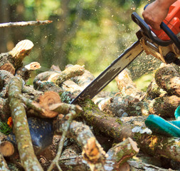 Man is cutting firewood for home with a chainsaw