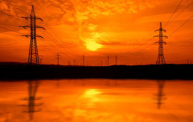 Wall Mural - Power lines at sunset