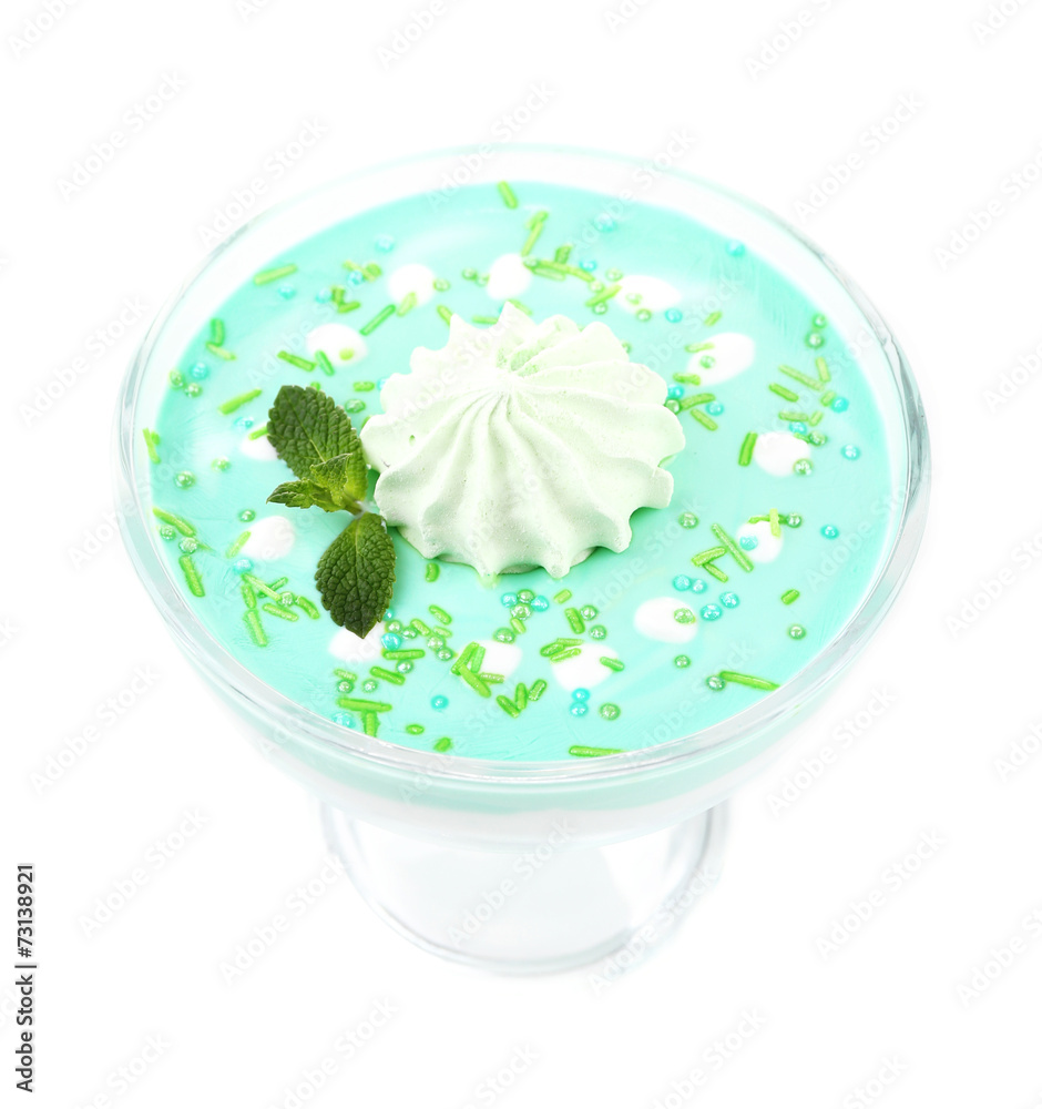 Mint milk dessert in glass bowl isolated on white