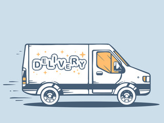 Vector illustration of van free and fast delivering lettering de