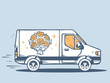 Vector illustration of van free and fast delivering bouquet of f