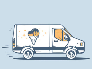 Wall Mural - Vector illustration of van free and fast delivering photo ice cr