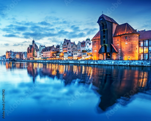 Obraz w ramie Gdansk, Poland old town, Motlawa river. Famous Zuraw crane