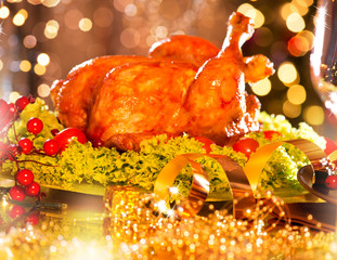 Wall Mural - Christmas table setting with roasted turkey