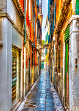 Narrow Stone Made Street At Venice Italy. HDR Processed