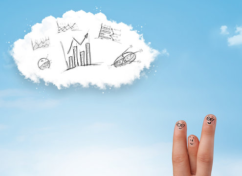 Happy smiley fingers looking at cloud with hand drawn charts